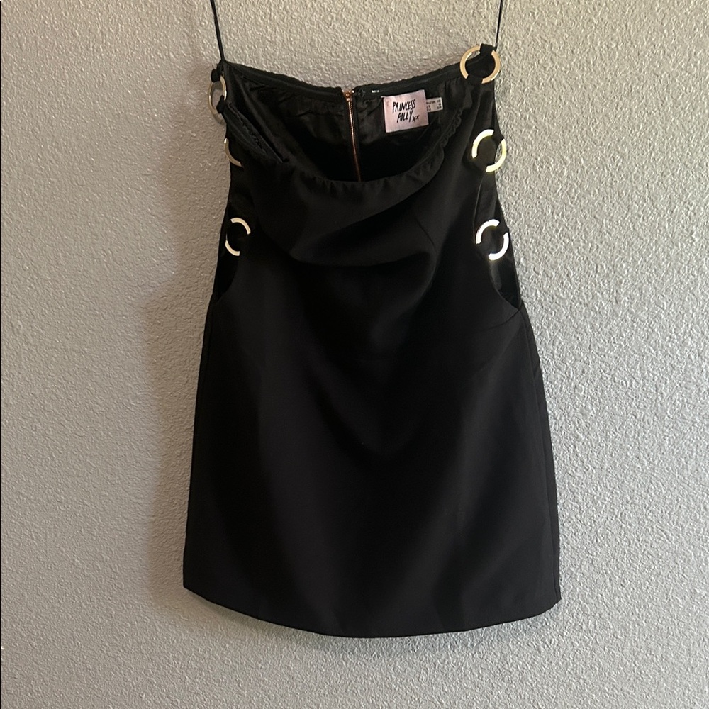PRINCESS POLLY Black strapless Mini Dress with Gold Accents open sides